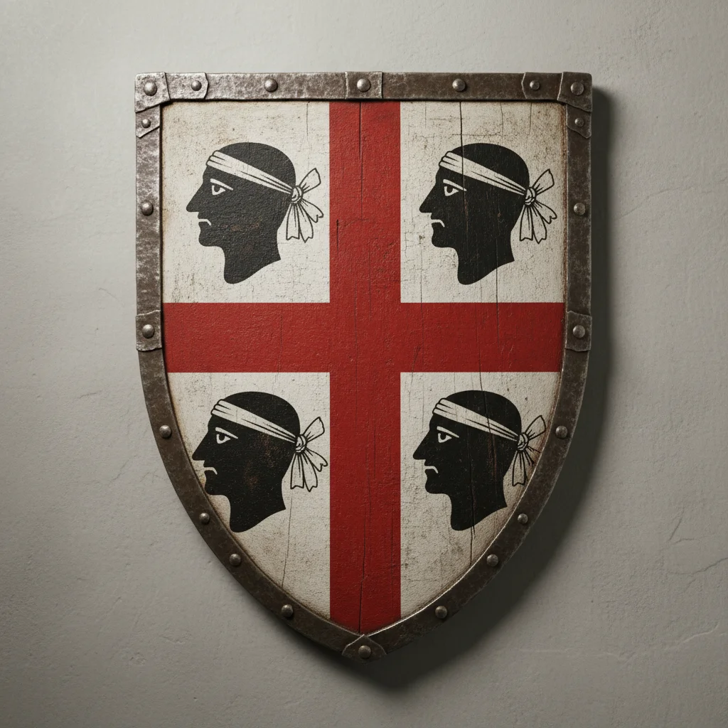 The Cross of Alcoraz: red Saint George cross with four Moor's heads on white field