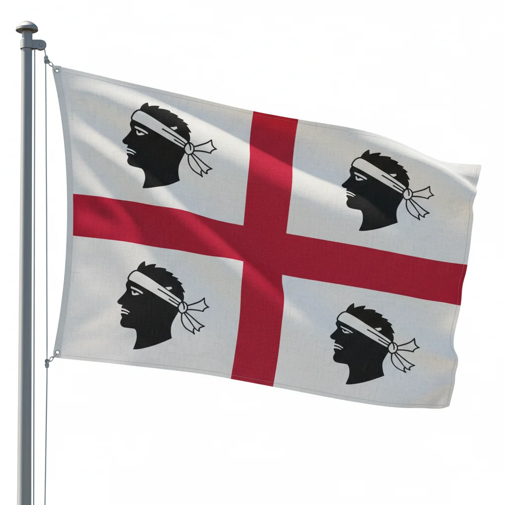 Bandeira atual da Sardenha: campo branco, cruz vermelha de São Jorge, quatro cabeças de mouro com faixas brancas levantadas na testa